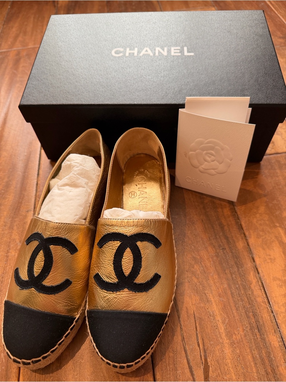 CHANEL Gold Leather Espadrilles with Black Cap Toe and CC Logo